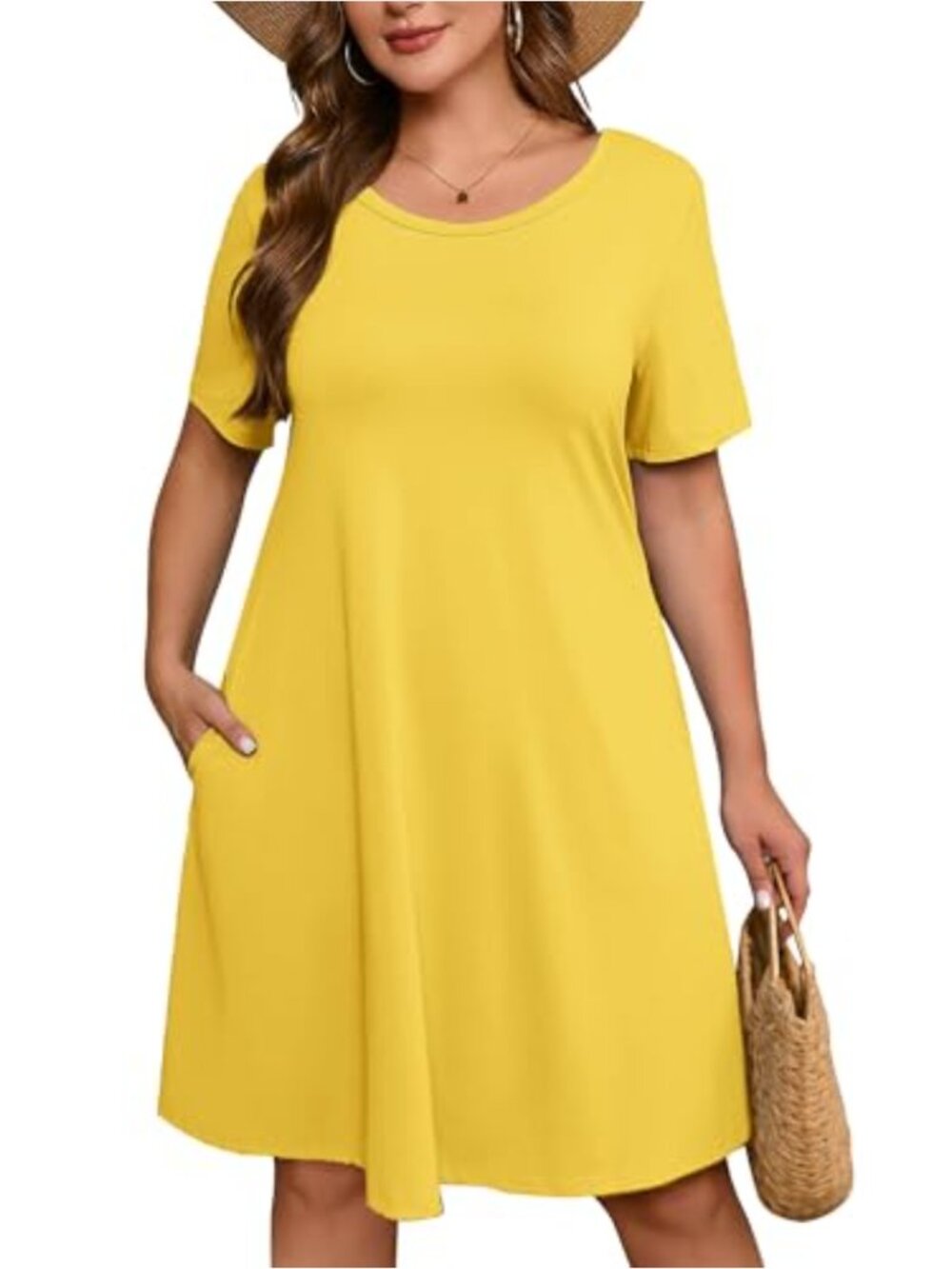 Plus Size Casual Swing Dress with Pockets, Short Sleeve Crew Neck Midi Tunic